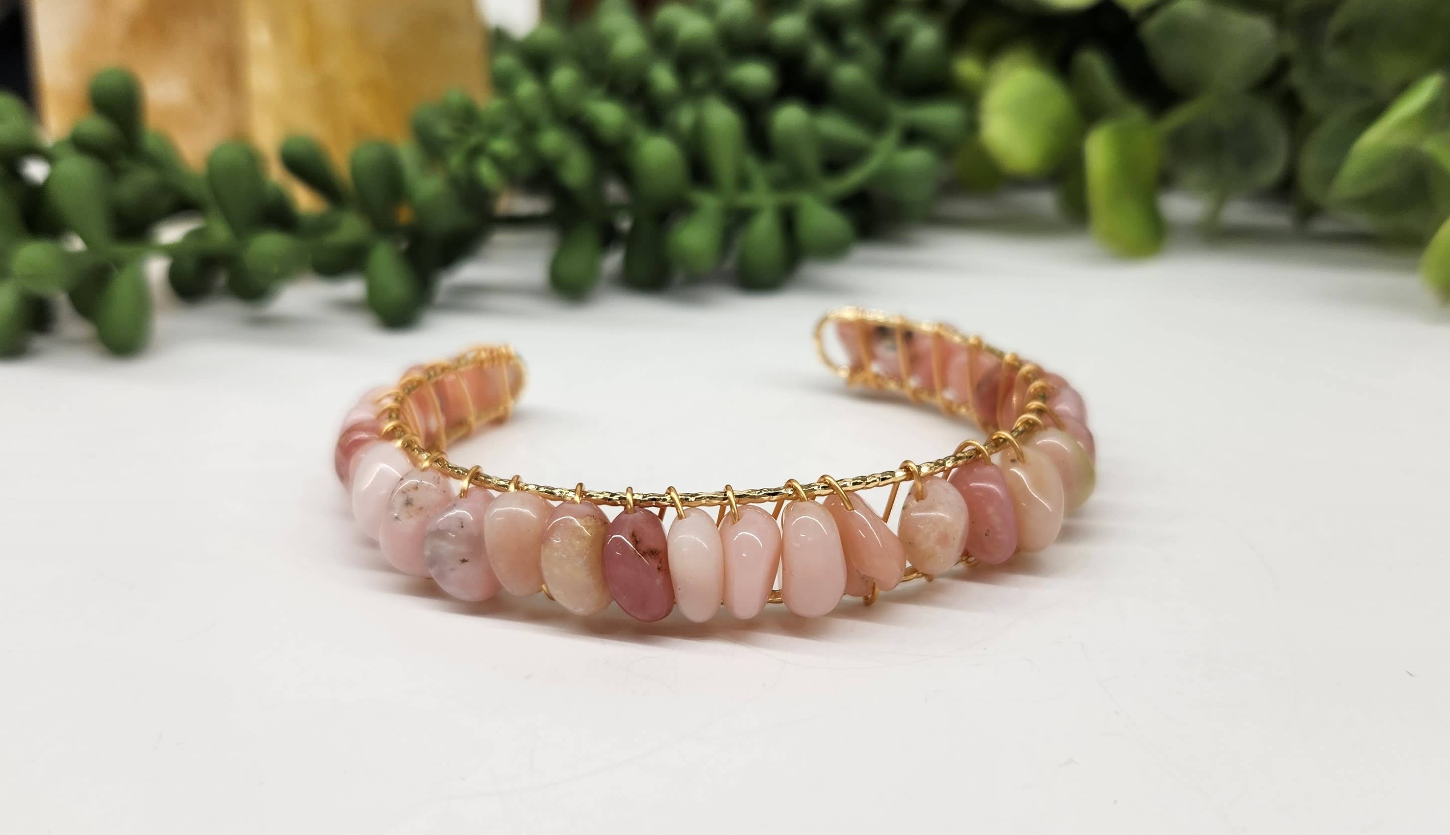 Meraki Gemstones - Wholesale Cuff Bracelet - Pink Opal Bangle/Cuff/Wire Wrapped-18kt. Gold Overlay