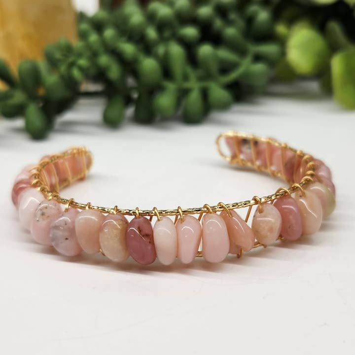 Meraki Gemstones - Wholesale Cuff Bracelet - Pink Opal Bangle/Cuff/Wire Wrapped-18kt. Gold Overlay0