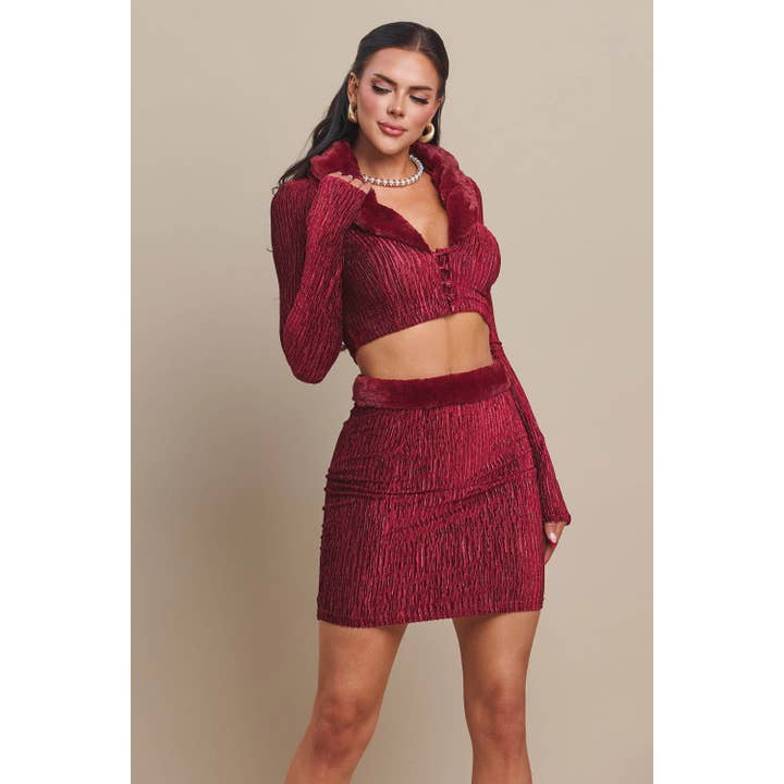The Sang - Wholesale Top & Skirt Set - Women's - FUZZY TRIM CROP TOP AND SKIRT SET2