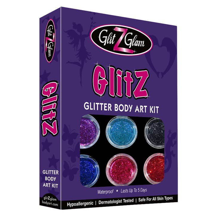 GlitZGlam - Wholesale Body Glitter/Shimmer - Glitter Tattoo Kit- NEW GLITZ -with 6 Glitters & 12 Stencils