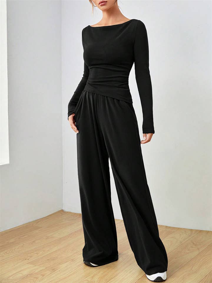 Solid Color Top Wide Leg Pants Two-piece Set for wholesale by Wholesalesir