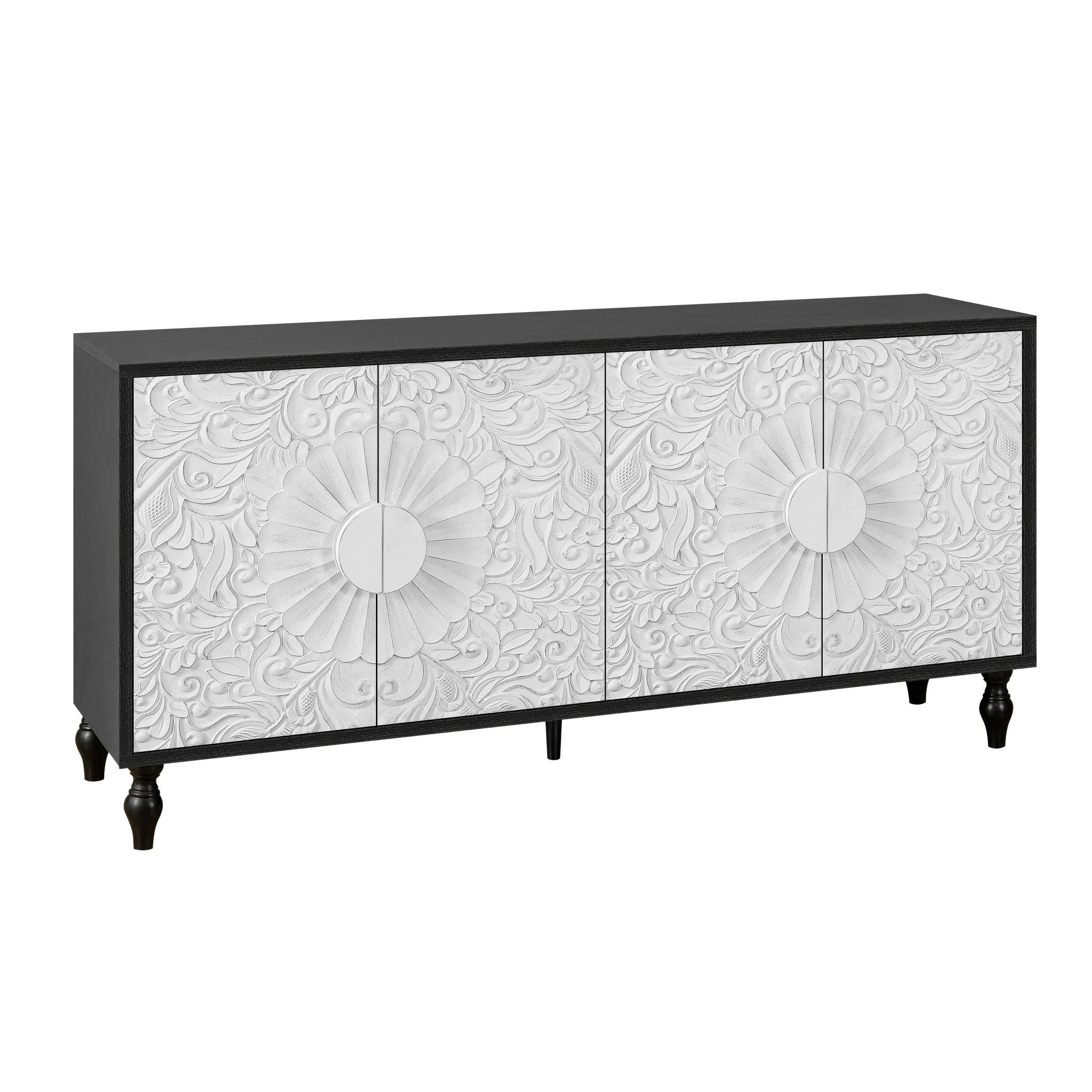 HomeRoots - Vendita all'ingrosso Credenza - Credenza intagliata floreale 173 cm bianca e nera dal design vissuto2