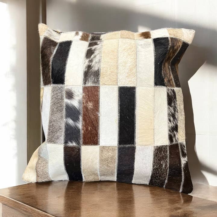 Rectangles patchwork cowhide pillow 16” for wholesale by Western Linens