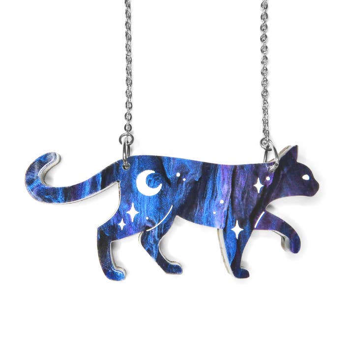 Cosmic Cat Acrylic Necklace, Galaxy or Nebula for wholesale by Lynsey Luu