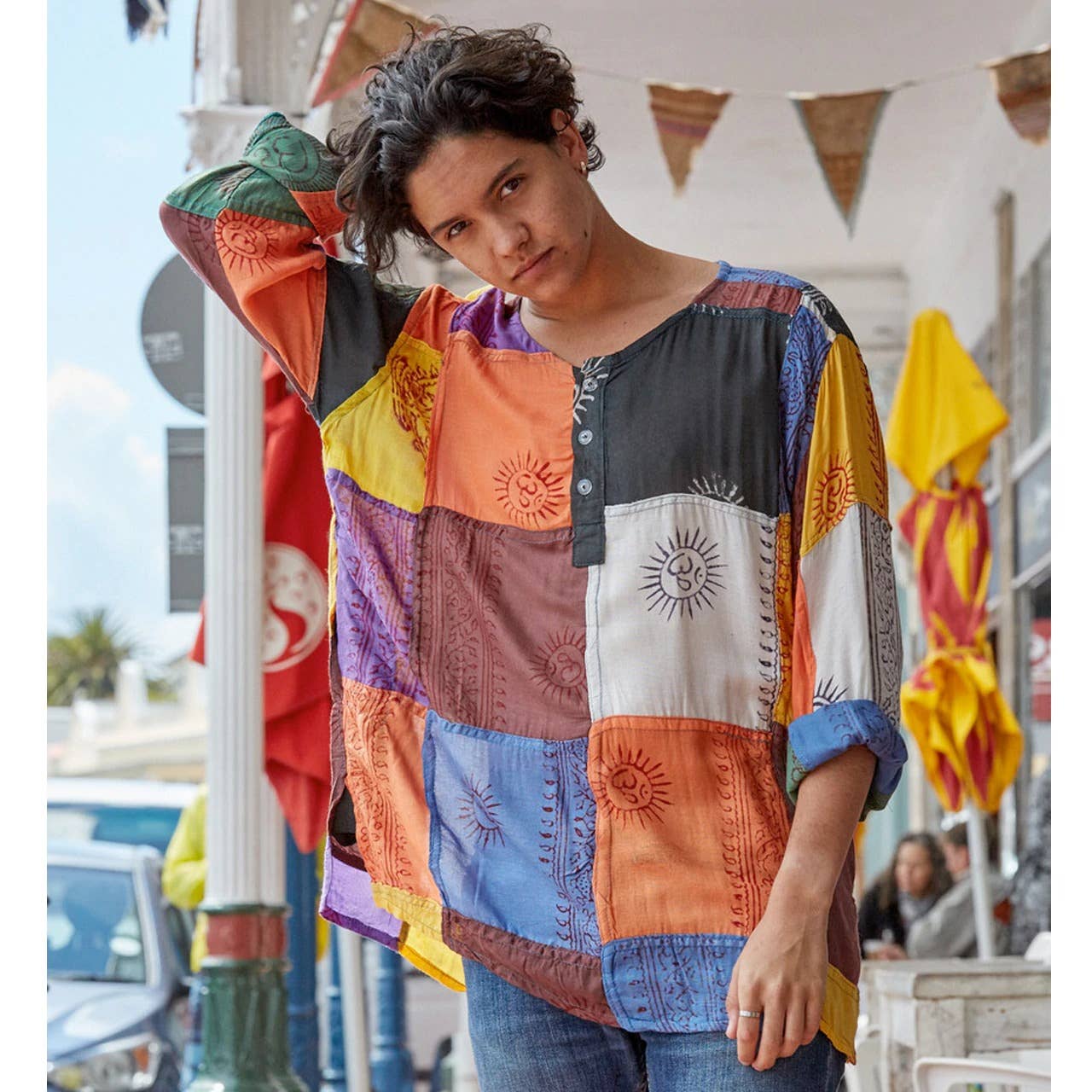 Jayli Clothing – wholesale Tunic – Women’s – Patchwork Rayon Prayer Long Sleeve Shirt, Lightweight2