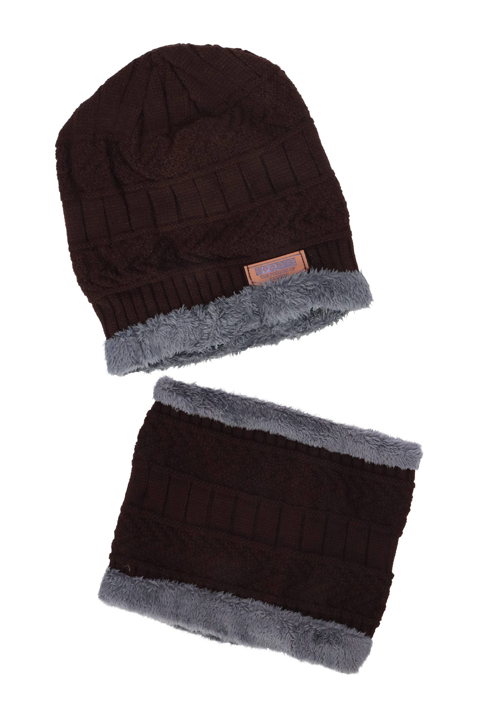 ASSORTED Dark Neutral Cable Knitted Fur Beanie Scarf - 2 Piece Set for wholesale on Faire10