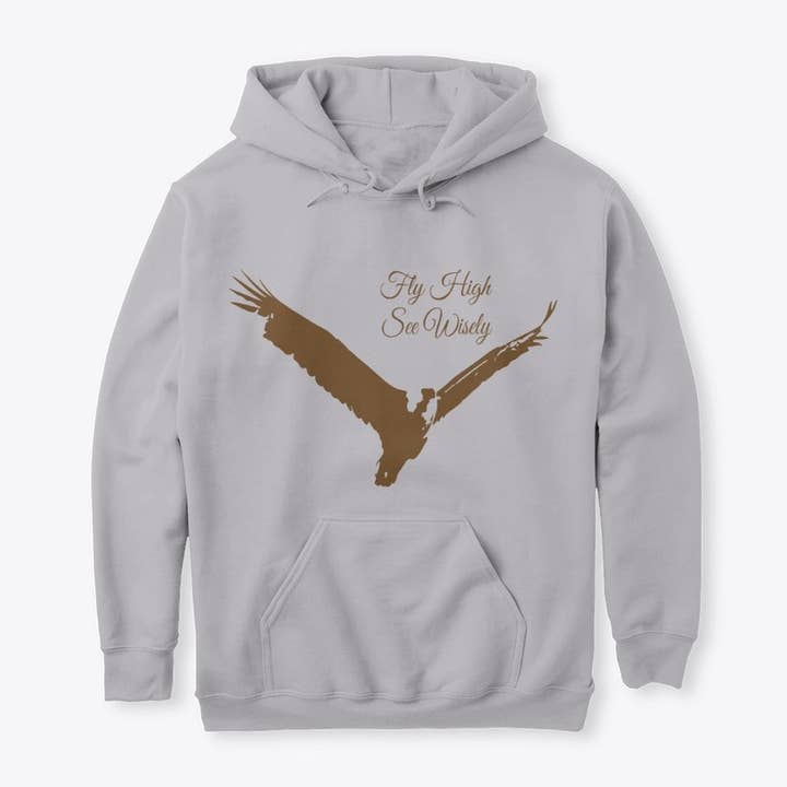Hoch fliegen, siehe klug Premium Pullover Hoodie Braun für den Großhandel von Fly High See Wisely Store