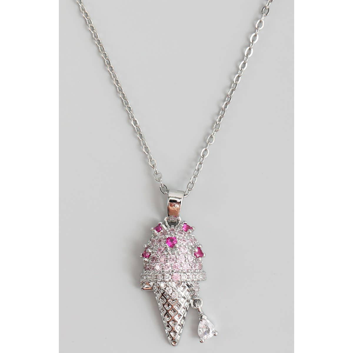 Girly - Wholesale Link & Chain Necklace - STAINLESS ICED OUT ICE CREAM CONE PENDANT NECKLACE0