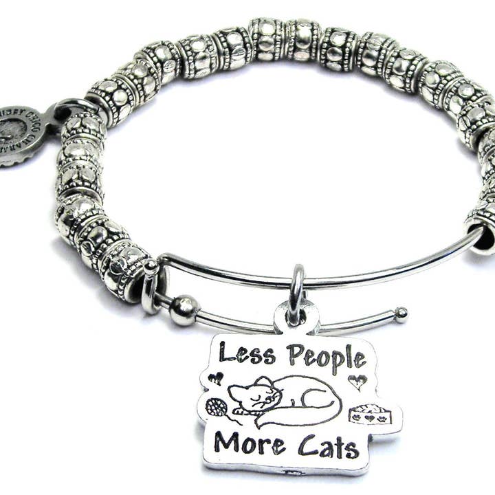 Less People More Cats Metal Beaded Bangle Bracelet for wholesale by Chubby Chico Charms