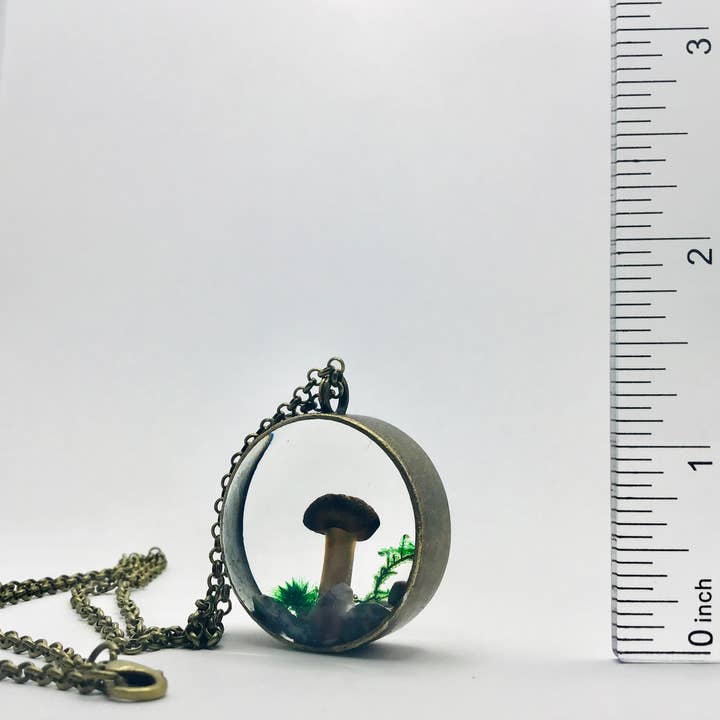 Real Mushroom Curiosity Necklace Pendant 1.25" # 701 for wholesale by Fungus Farm LLC