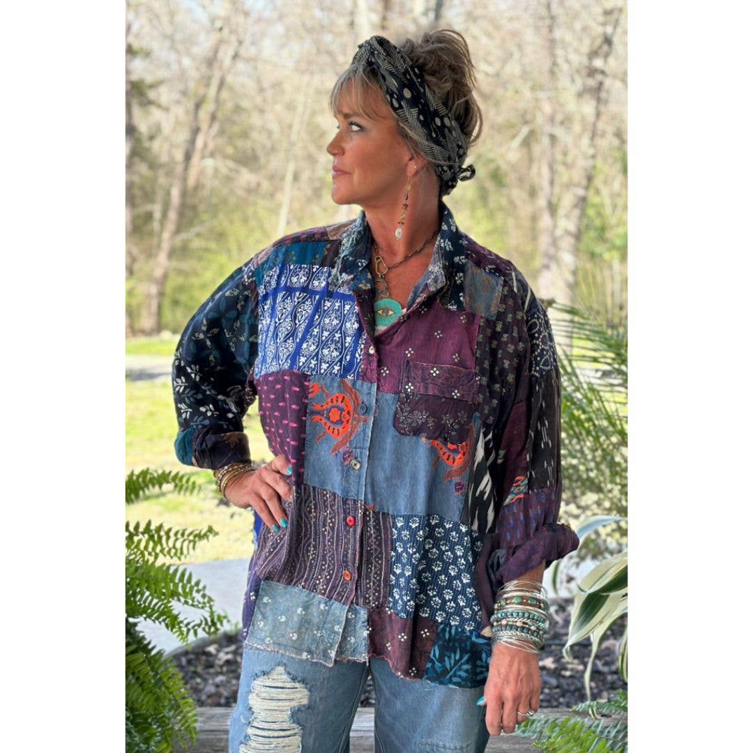 Jaded Gypsy - Wholesale Button Down Shirt - Women's - Patchwork Sunrise Top - Plum - JG-202