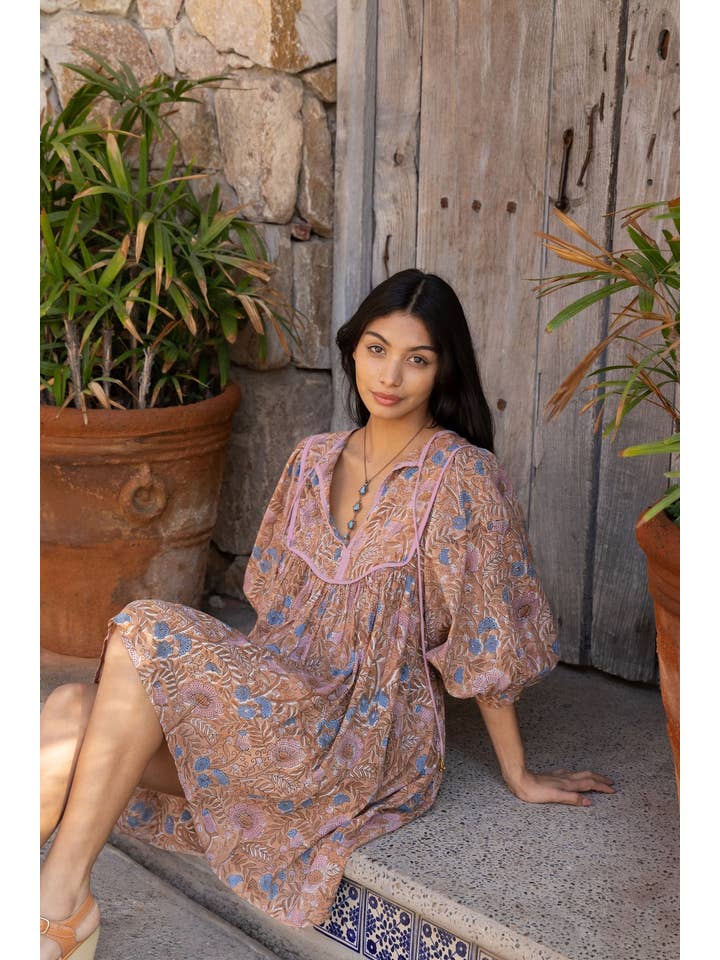 The Fox and The Mermaid - Wholesale Dress - Women's - Block Printed Cotton Balloon Sleeve Mini Dress (Zoha)