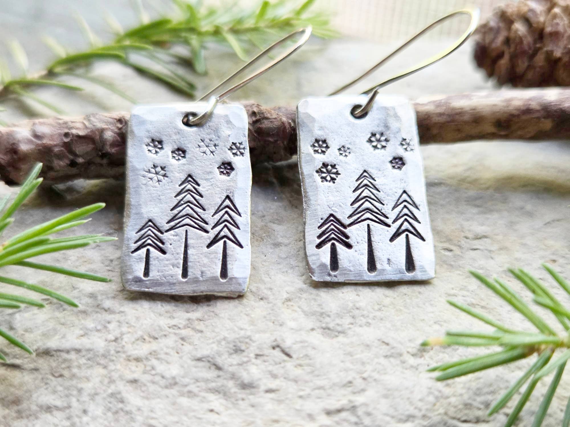 Kathryn's Collection - Wholesale Dangle Earrings - Winter Pine Tree Earrings, Christmas, Hand-Stamped Pewter2