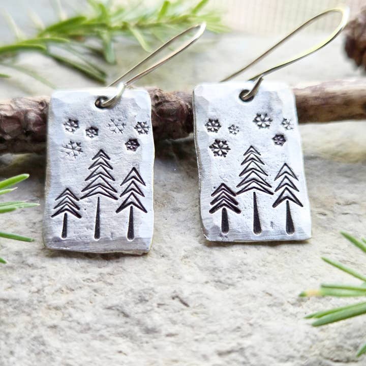 Kathryn's Collection - Wholesale Dangle Earrings - Winter Pine Tree Earrings, Christmas, Hand-Stamped Pewter2