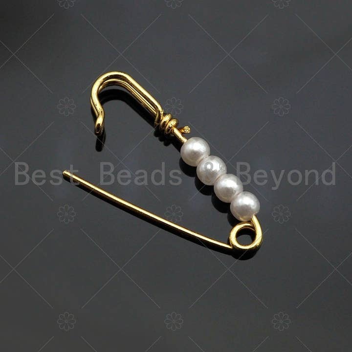 BestBeads&Beyond - Wholesale Clasp - Cute 18K Gold Safety Pin Clasp, Pearl On Clasp Safety Pin, Paper Clip Chain Connector Clasp, 8x24mm, Sku#Y3923