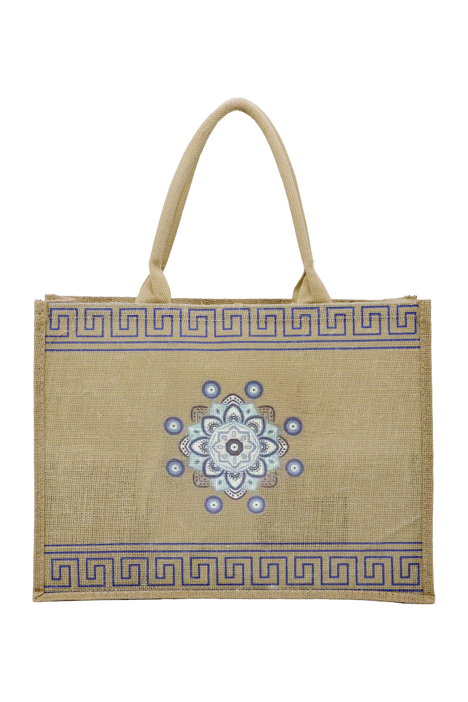 ASSORTED Evil Eye Greek Key Burlap Box Tote Beach Bag for wholesale on Faire7