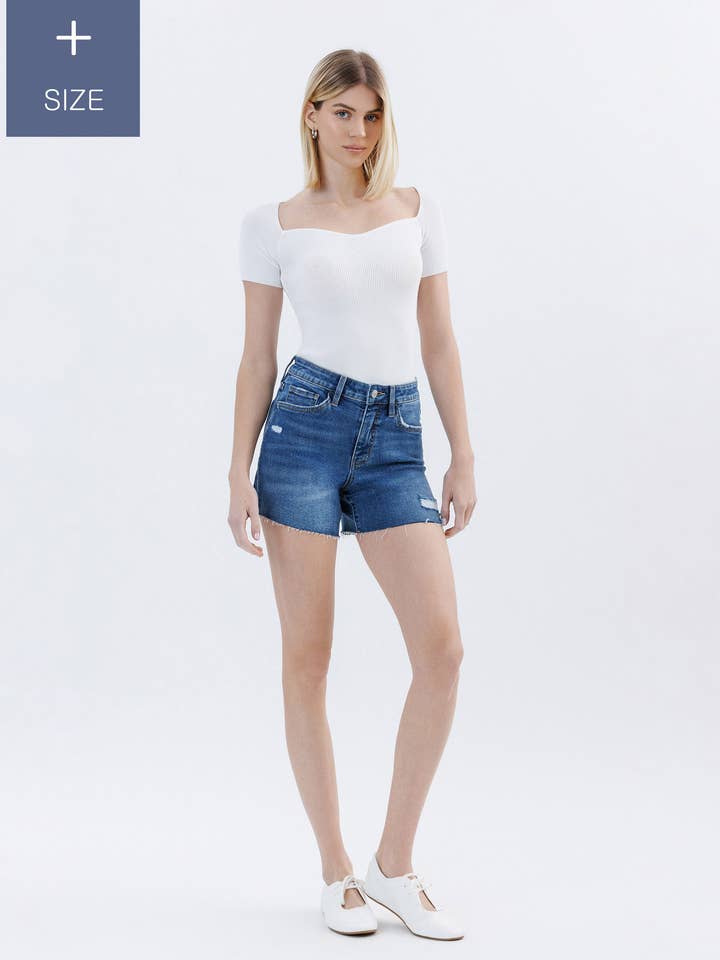 PLUS SIZE HIGH RISE RAW HEM DENIM SHORTS LV1638-P for wholesale by Lovervet by VERVET