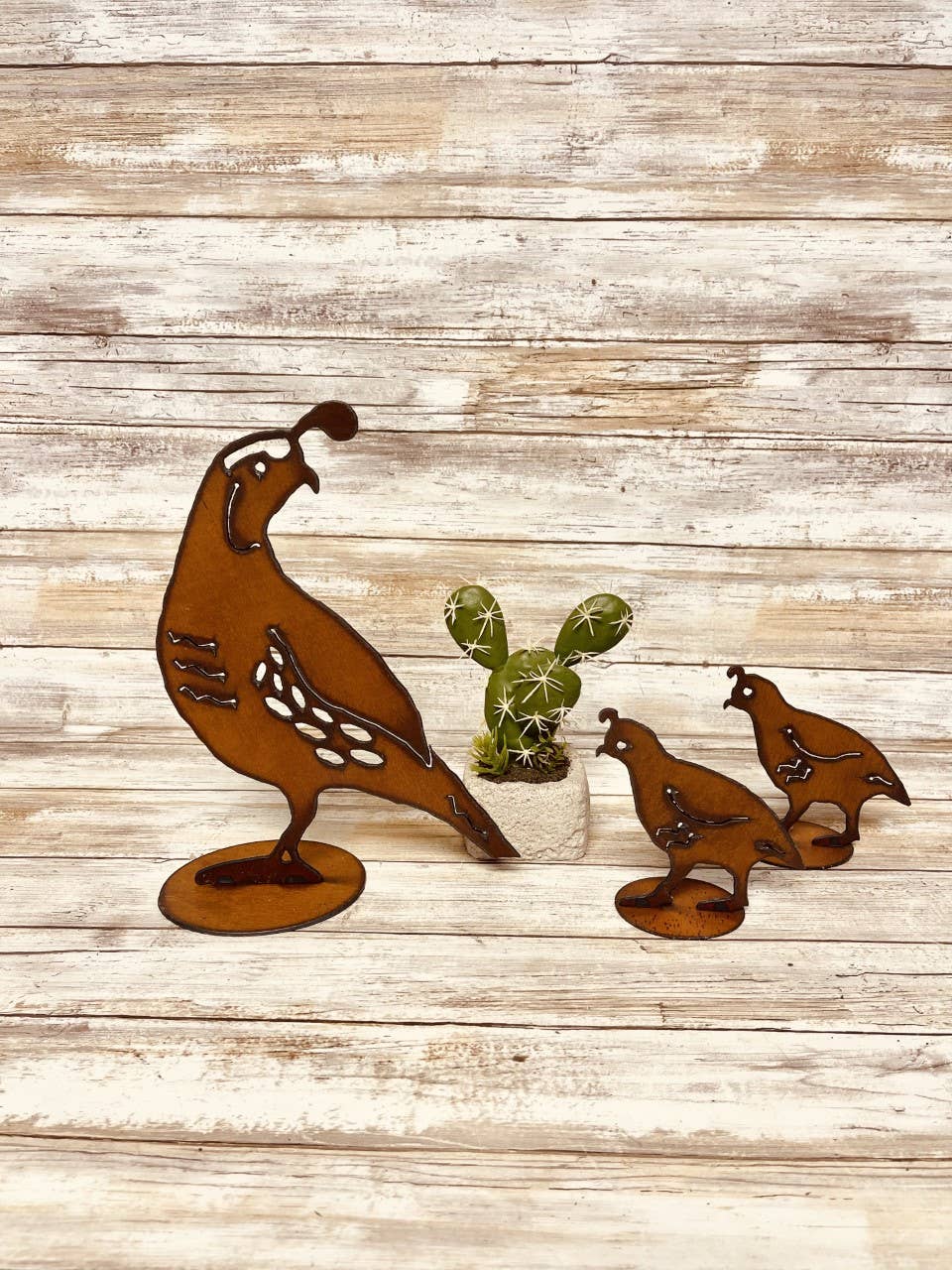 Quail Mom and 2 Babies Two Dimensional Southwest Garden Art for wholesale by Universal Ironworks USA