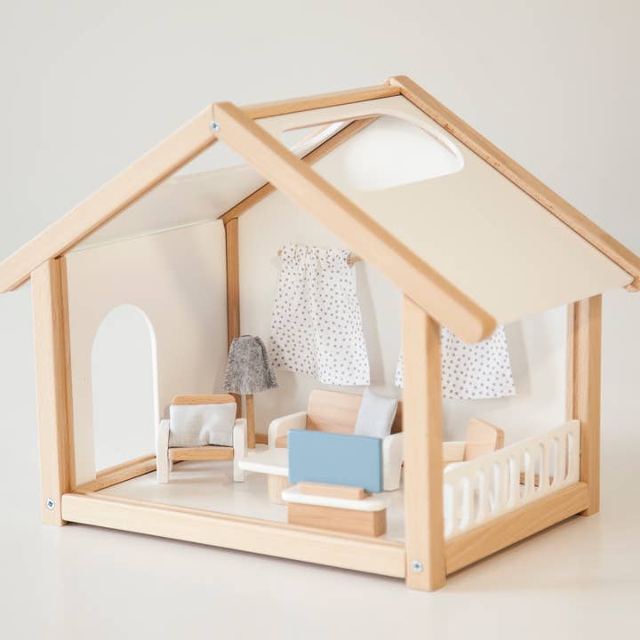 Small Wooden Dollhouse with Living Room Furniture for wholesale by ODEAS