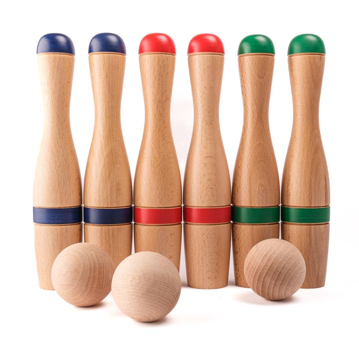 MORA PLAY – wholesale Träleksak - Barn – Klassiskt Bowlingset 24 cm (6 käglor, tygpåse)0