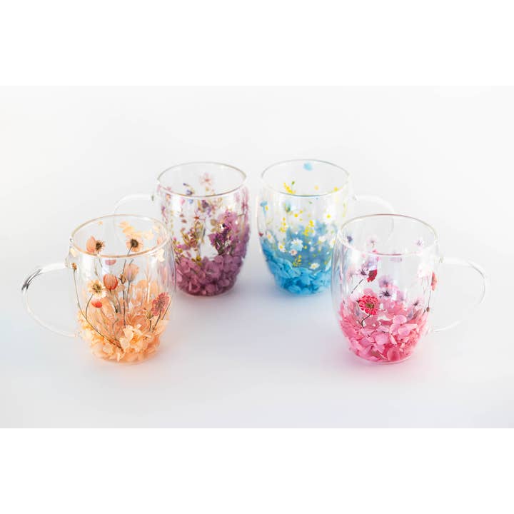 Double Wall Flower Mugs, Assorted Colors, Set of 4 for wholesale by Jeanne Fitz