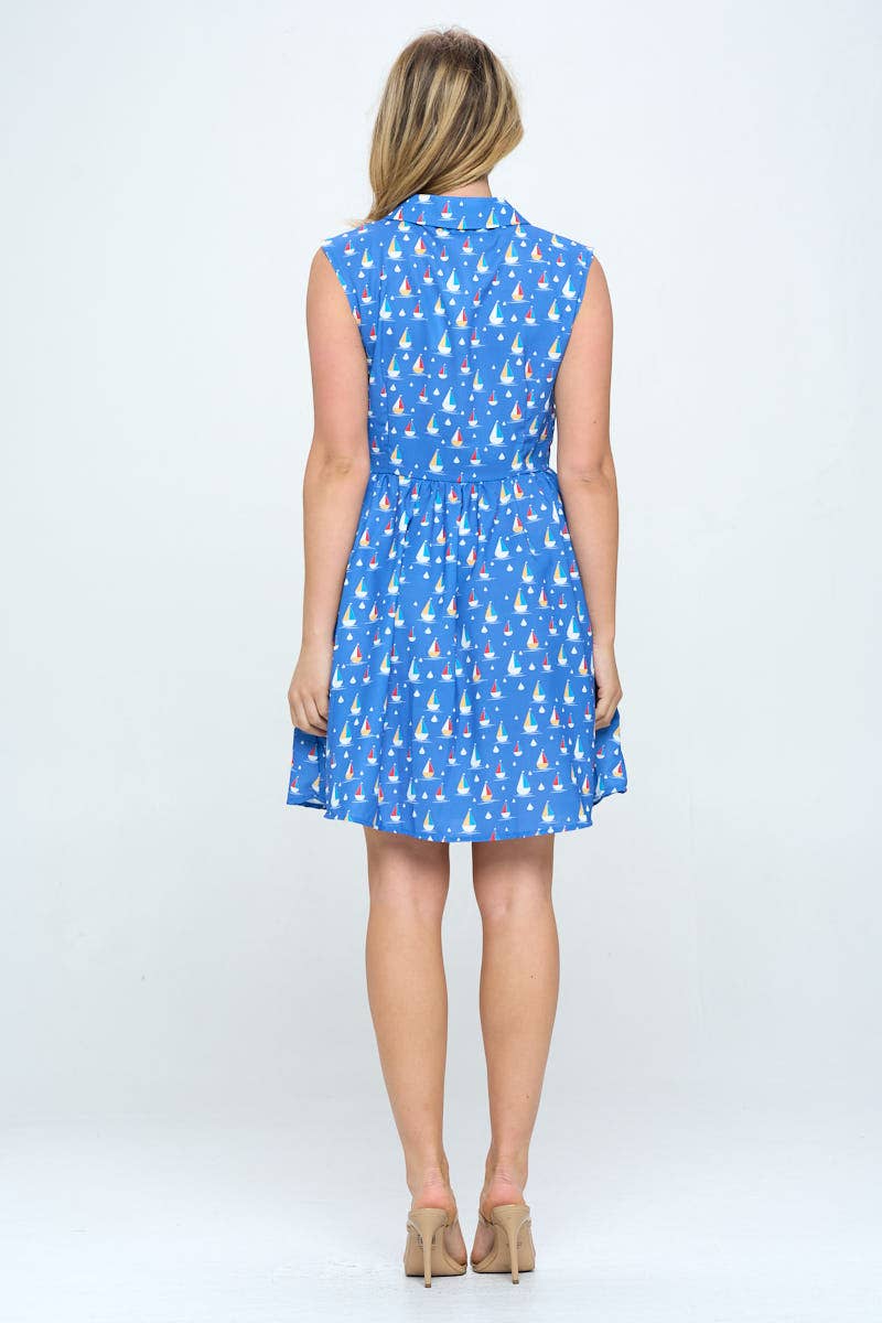 SM WARDROBE - Wholesale Dress - Women's - ALL OVER SAIL BOATS PRINT DRESS WITH POCKETS3