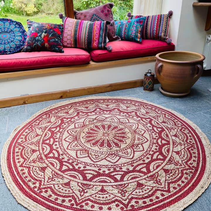 Second Nature Online - Wholesale Area Rug - MANDALA Pattern Round Red Rug Jute with Block Print
