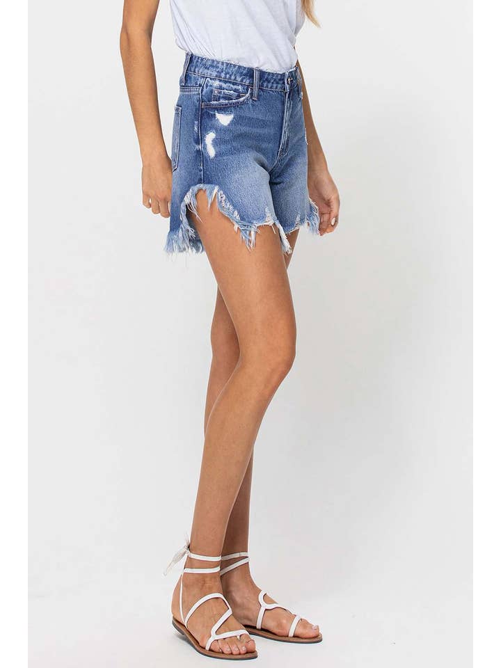 HARMONIOUS HIGH RISE SIDE SLIT FRAYED HEM SHORTS V2769 for wholesale on Faire