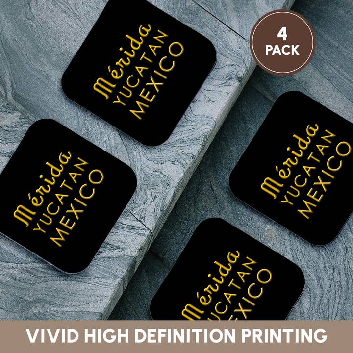 3dRose - Wholesale Coasters - 3dRose, Merida, Yucatan, Mexico, Yellow text on black. Patriot home town gift, Coaster12