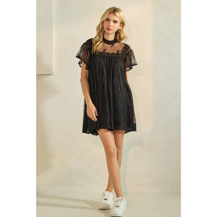 Veveret - Wholesale Dress - Women's - Lace Flutter Sleeve Mock Neck Mini Dress25