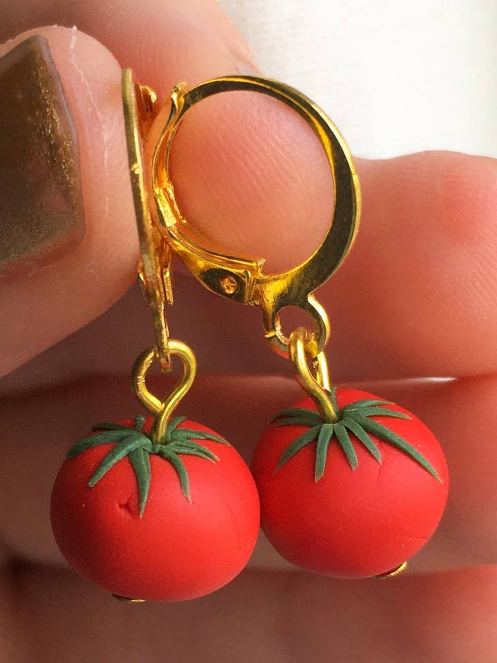 Cute Tomato Charm Earrings | Handcrafted from Polymer Clay for wholesale by Studio Sunshine