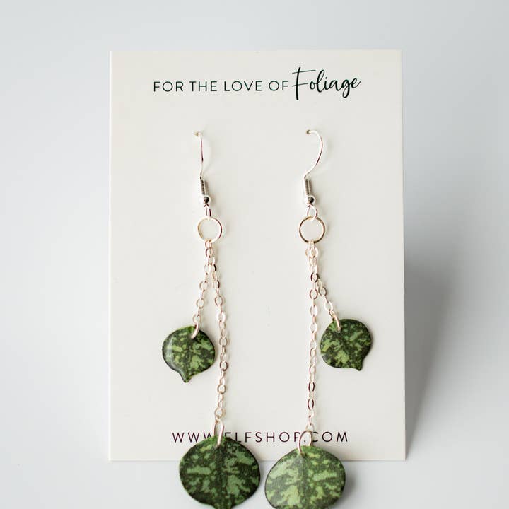 Luxe Hoya Curtisii Duo Trailing Leaf Plant Earrings for wholesale by For the Love of Foliage