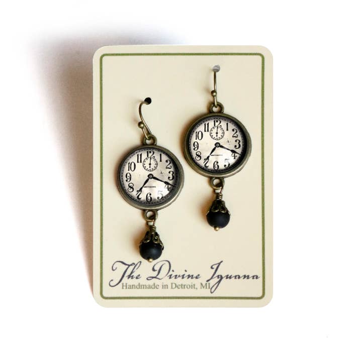 The Divine Iguana - Wholesale Dangle Earrings - Edwardian Clock Steampunk Glass Cabochon and Bronze Earrings
