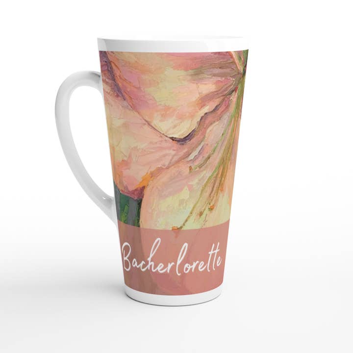 Barbara Cleary Designs - Vendita all'ingrosso Tazza - Tazza da latte in ceramica bianca da 17oz 'Bachelorette' | Collezione da sposa con opera d'arte 'Amaryllis' dell'artista americana Barbara Cleary
