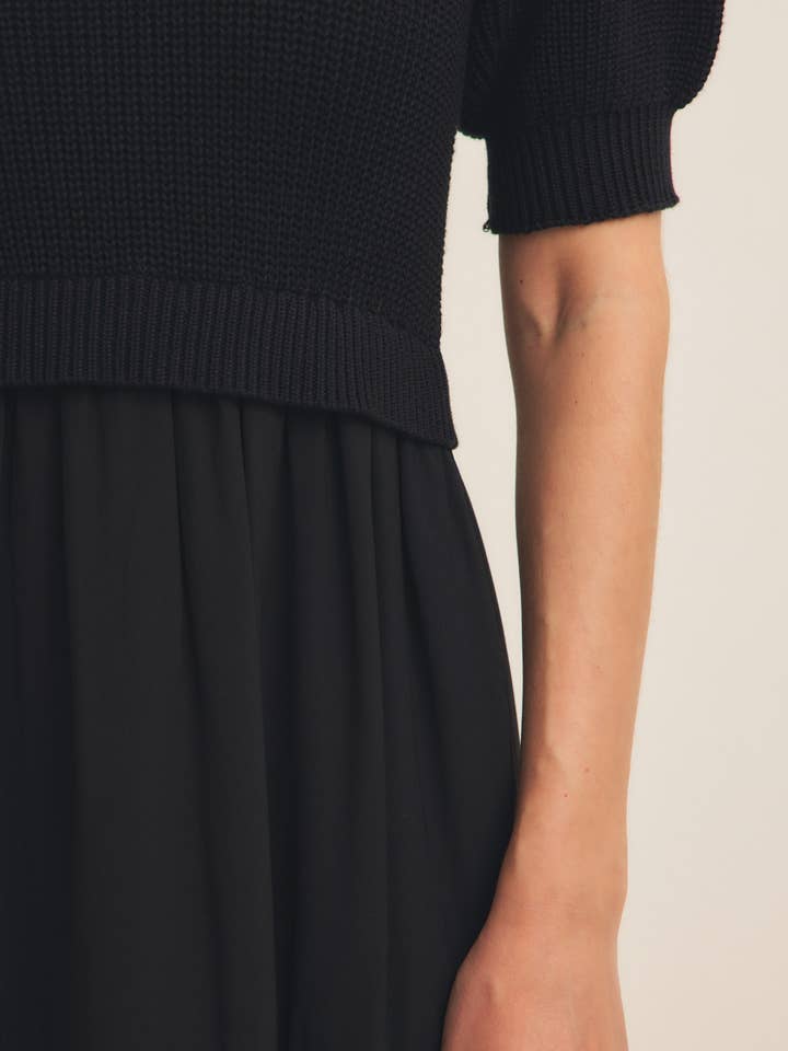 in february - Wholesale Dress - Women's - MIXED MEDIA SWEATER MIDI DRESS WITH WOVEN SKIRT