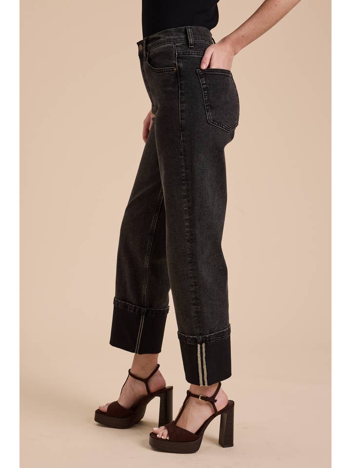 P3964   CUFFED BORROM BLACK DENIM PANTS for wholesale on Faire1