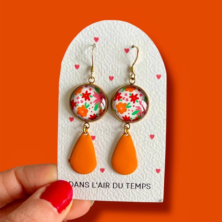 PENDIENTES colgantes flores naranjas y rosas, esmalte naranja, acabado dorado o plateado para venta al por mayor de Dans l'Air du Temps Bijoux