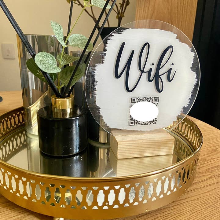 Custom Wifi QR Code Scan Me Painted Acrylic Plaque Sign With Wooden Base for wholesale by WinsterCreations™