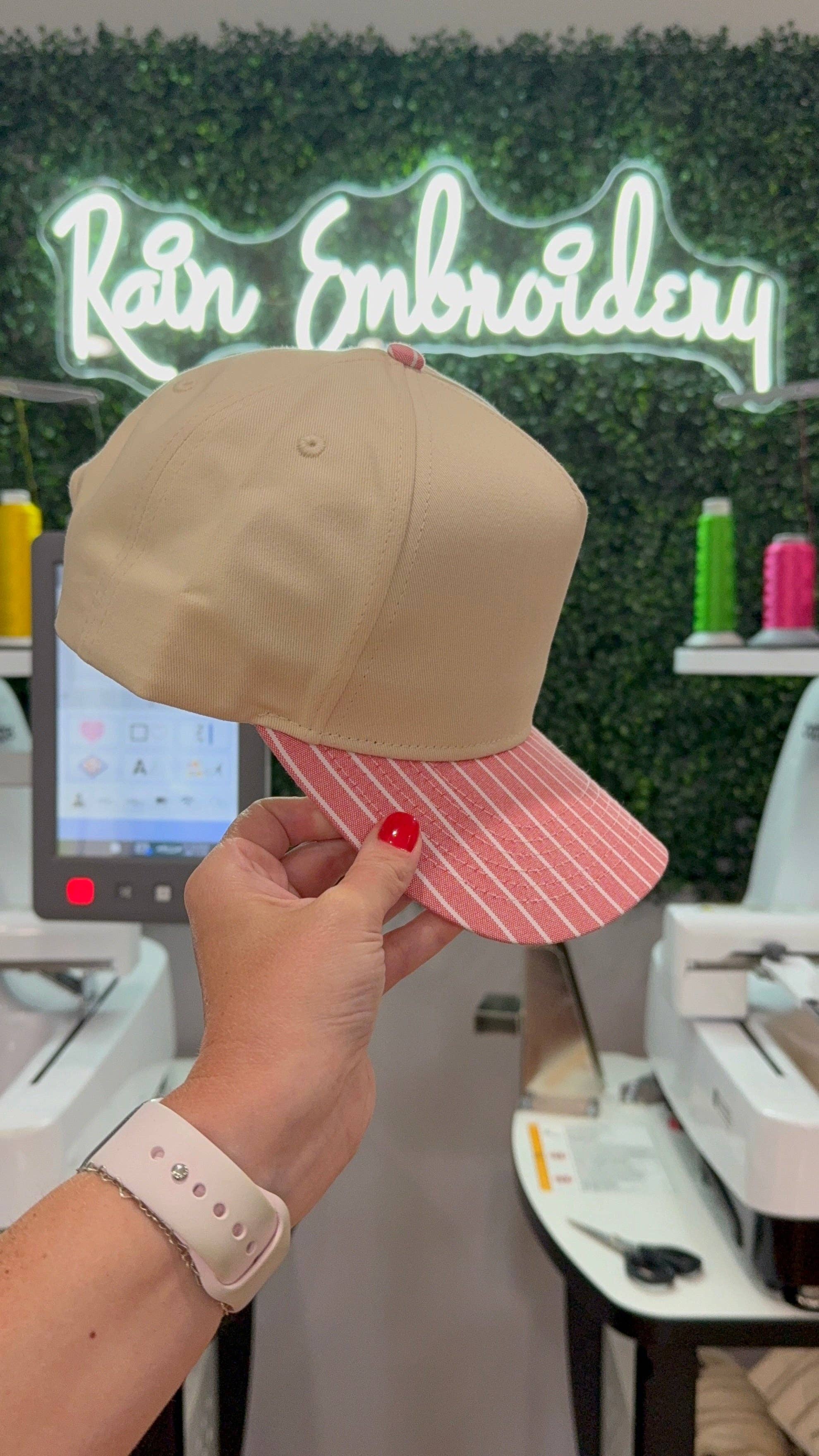 Rain Embroidery - Wholesale Trucker Hat - Women's - Pink Striped Bill (blank) Trucker Hat3