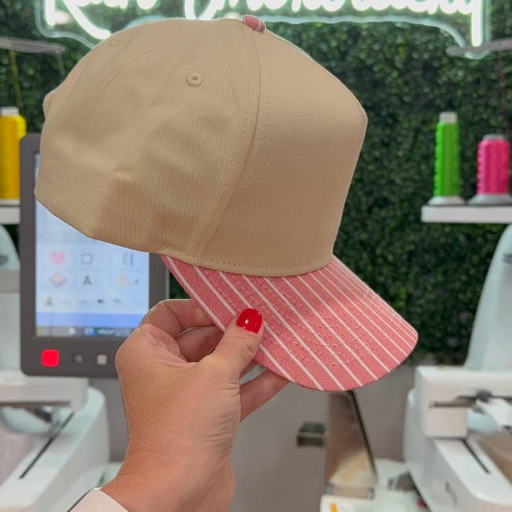 Rain Embroidery - Wholesale Trucker Hat - Women's - Pink Striped Bill (blank) Trucker Hat3