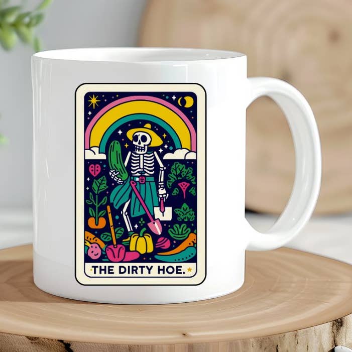Tarot The Dirty Hoe Funny Skeleton Gardening 11oz Coffee Mug for wholesale by Sister Ray
