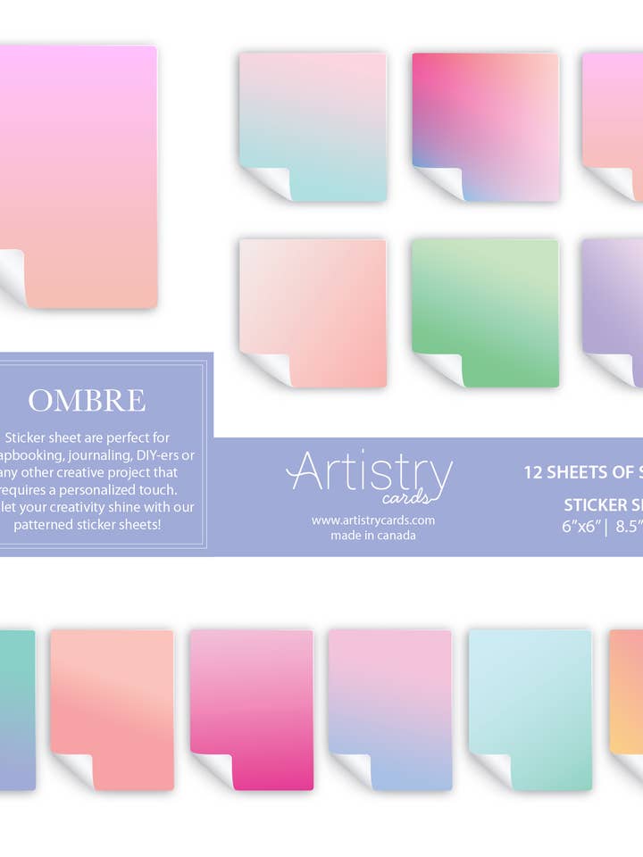 Ombre Sticker Sheets: 12 Designs, 2 Different Size Options for wholesale by Artistry Cards