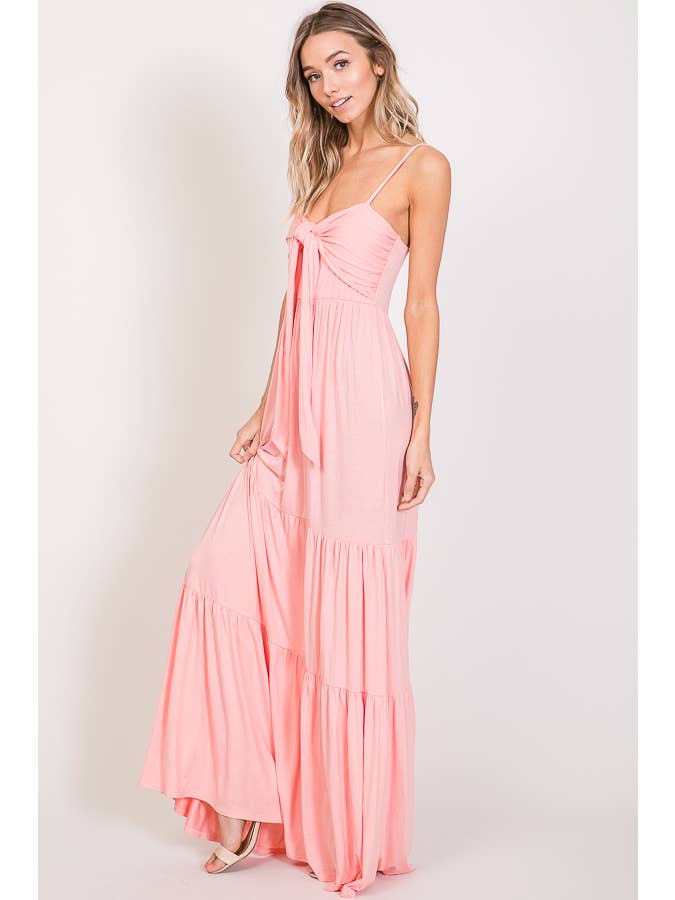 7th Ray - Wholesale Dress - Women's - Casual Front Tie Knot Spaghetti Strap Tiered Maxi DressD2307