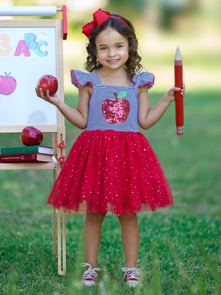 Red Tutu Dress w/ Sequin Apple Applique & Tulle Sequin Skirt for wholesale on Faire1