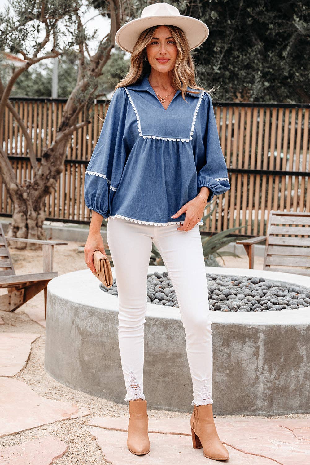 Dusk Blue Lace Ric Rac 3/4 Puff Sleeve Collared Babydoll Blouse for wholesale on Faire4