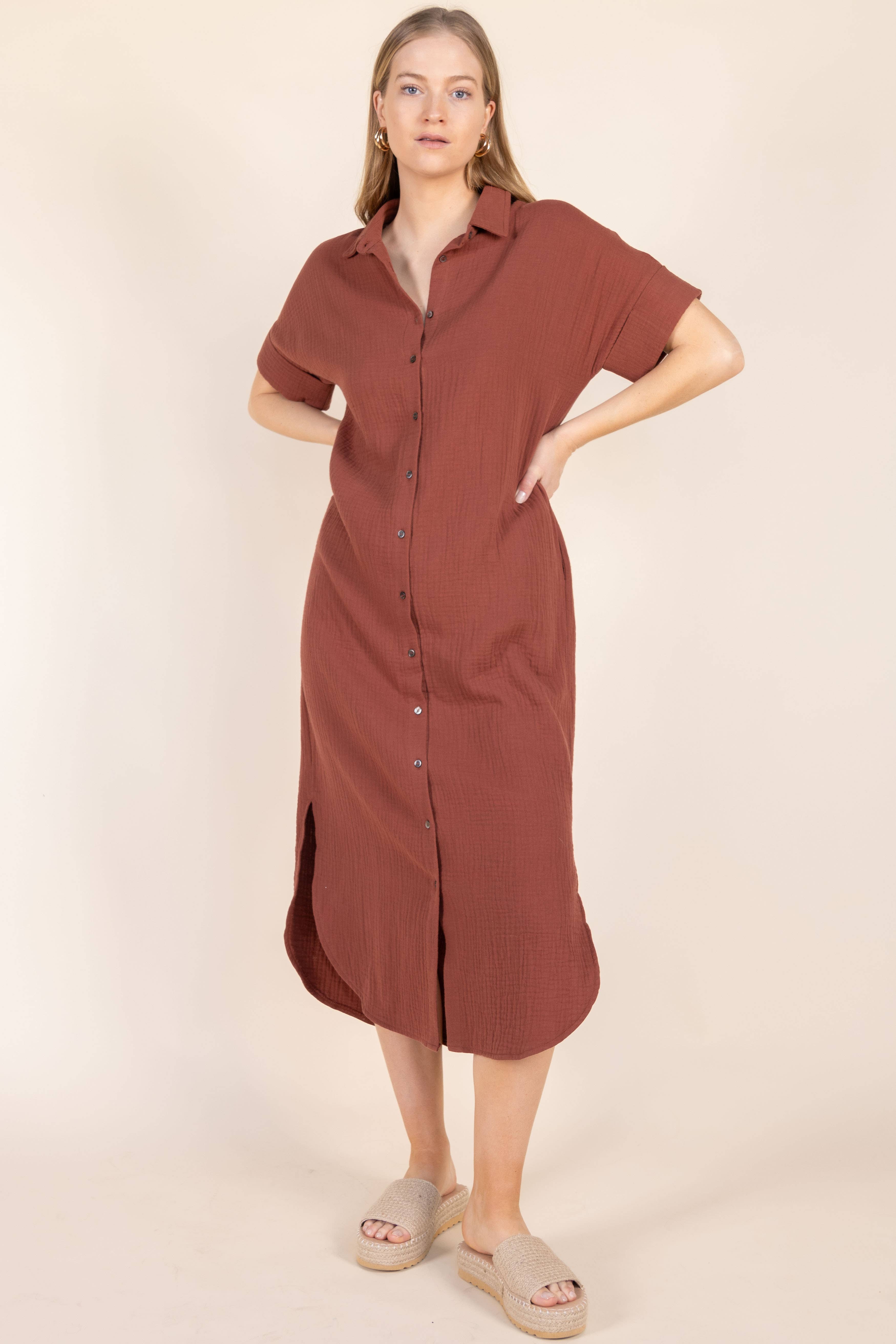 Before You Collection - Wholesale Dress - Women's - 3-Ply Heavy Gauze Button Up Shirt Dress13