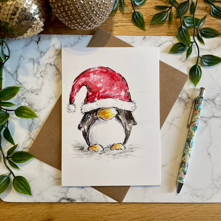 Penguin Santa Hat Over Eyes - Christmas Card for wholesale by Crafty Tinks