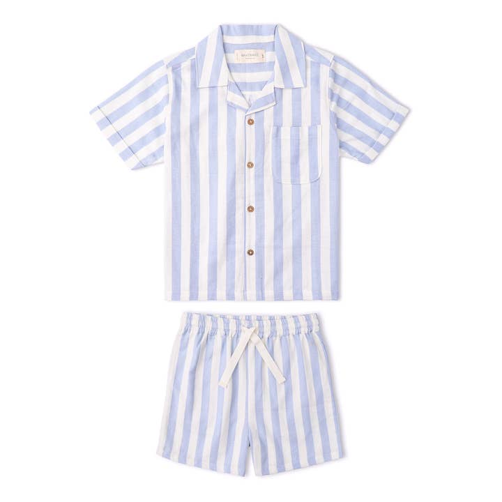 Organic Shirt & Shorts Set - Blue Stripes for wholesale by Makemake Organics
