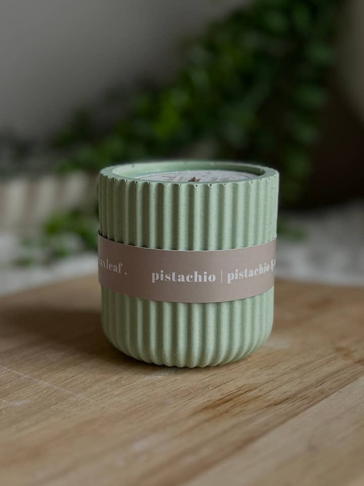 Pistachio Scented Soy Wax Refillable Eco Candle in Sage for wholesale by The Wax Leaf Candle Co