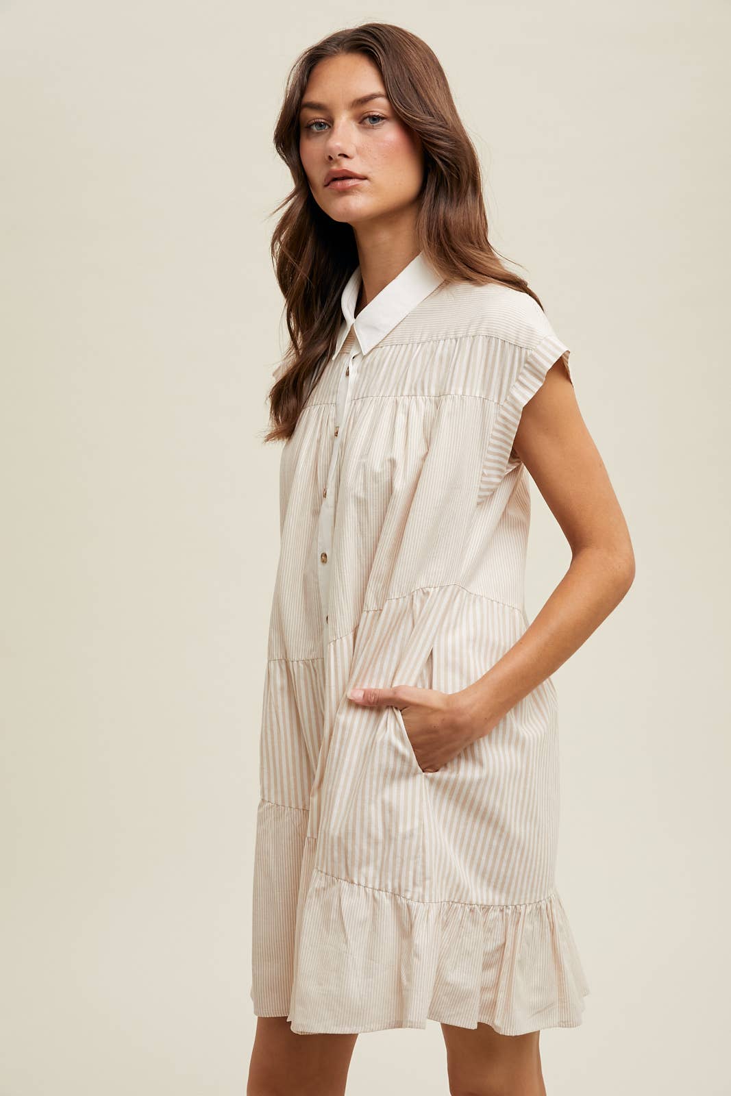 TAUPE WHITE MULTI-STRIPED BUTTON-UP MINI DRESS / WL24-9445 for wholesale on Faire2